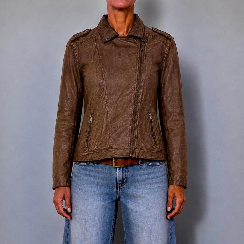 Vintage Y2K Sebby Collection Chocolate Brown Vegan Leather Moto Jacket Size XL
